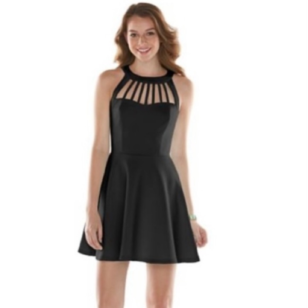 Three Pink Hearts Trixxi Black Dress Skater Cage Neck Scuba mini Size 1 XS party